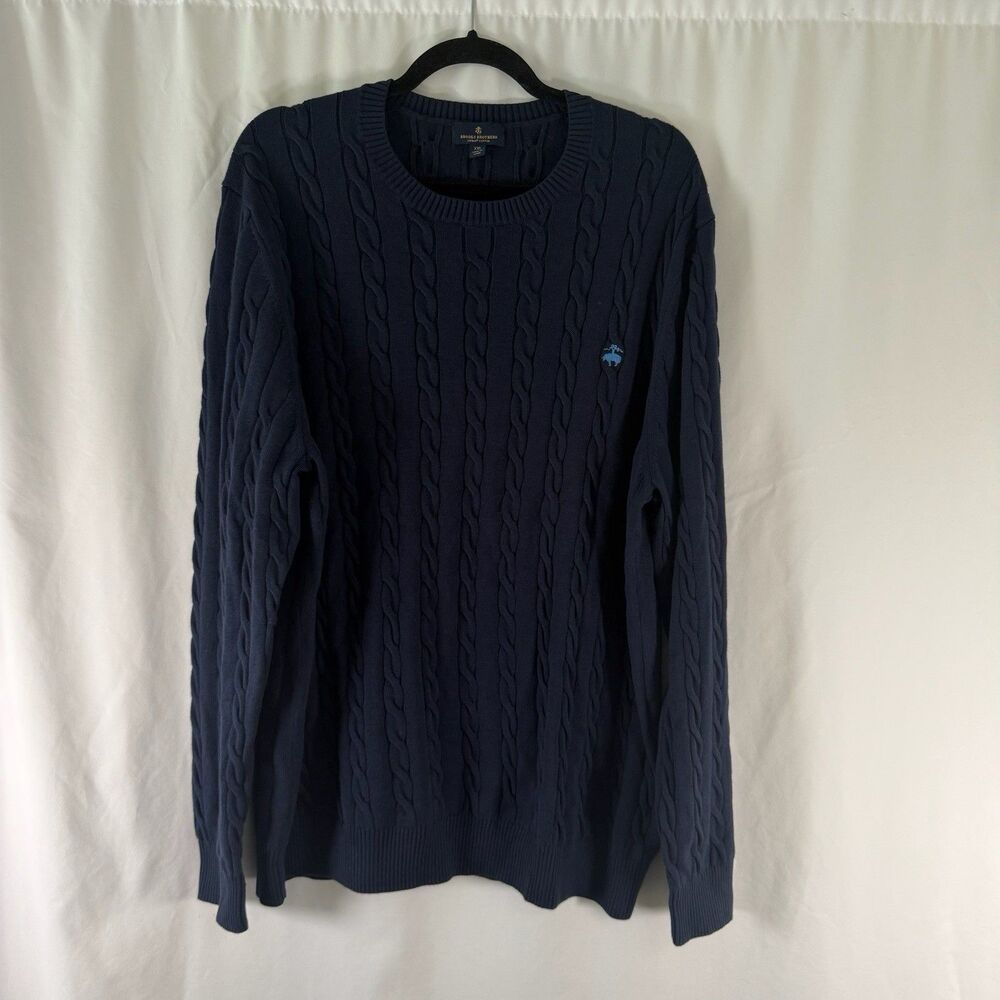 Brooks Brothers Cable Knit Sweater Men's XXL Navy Blue Supima Cotton Crewneck